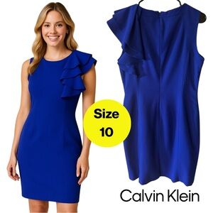 CALVIN KLEIN 💙 Blue Sheath Dress with Embellished Shoulder detail🔹(Size 10)